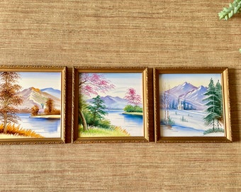 Vintage Hand Painted Landscape Ceramic Tile Art - Wood Frame - Set of 3 - Japan
