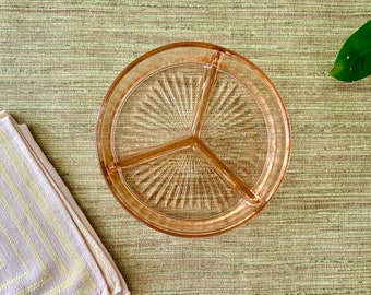 Vintage Pink Depression Glass Relish Dish - Round with Three Divisions - Wedding Bridal Shower Decor