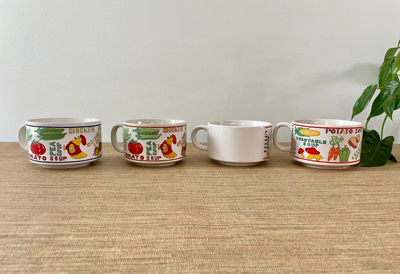 Vintage Soup Mugs Set of 4 Tomato Chicken Vegetable Mushroom Onion Pea Celery image 6