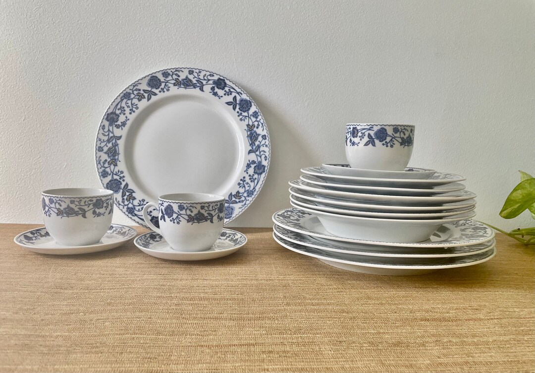 Vintage Limoges Blue and White Dinnerware Set of 17 Hand Painted