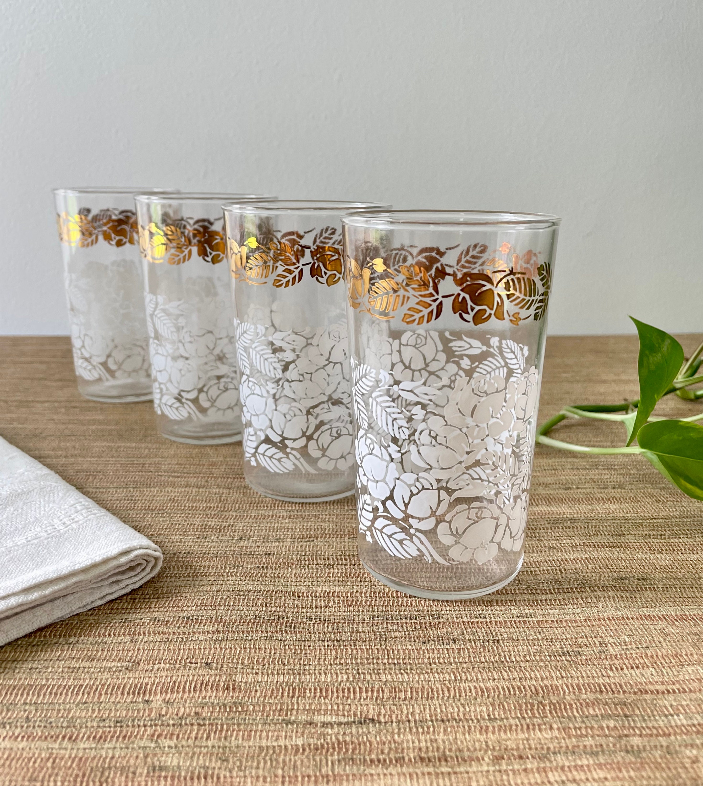 Vintage Drinking Glasses With Gold and White Roses Set of 4 Etsy