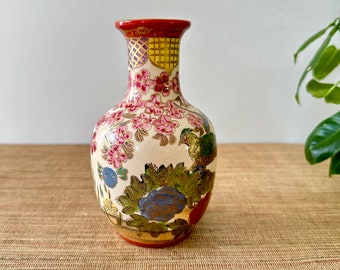 Vintage Hand Painted Ceramic Floral Bird Vase - Japan