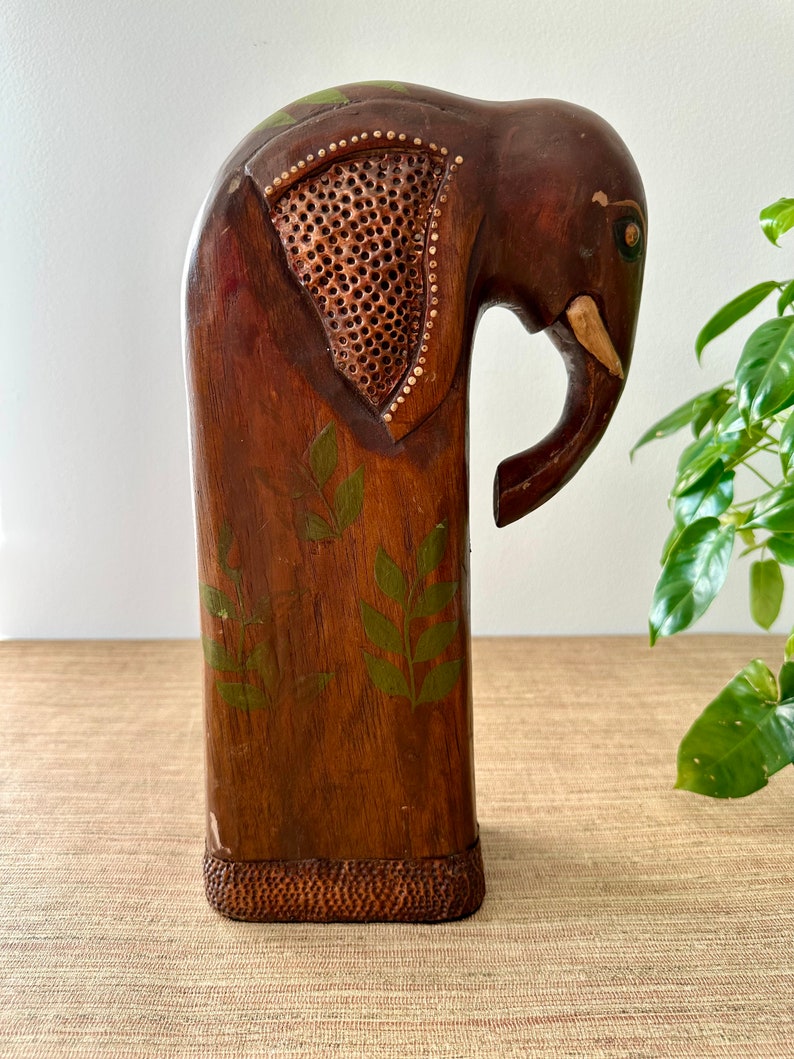 Vintage Large Wood Elephant Statue with Copper Accents Hand Carved and Painted image 8