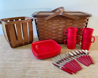 Vintage Large Picnic Basket Set With 25 Piece Red Tranquil Ware Plates Cups and Flatware - Byrd Plastics