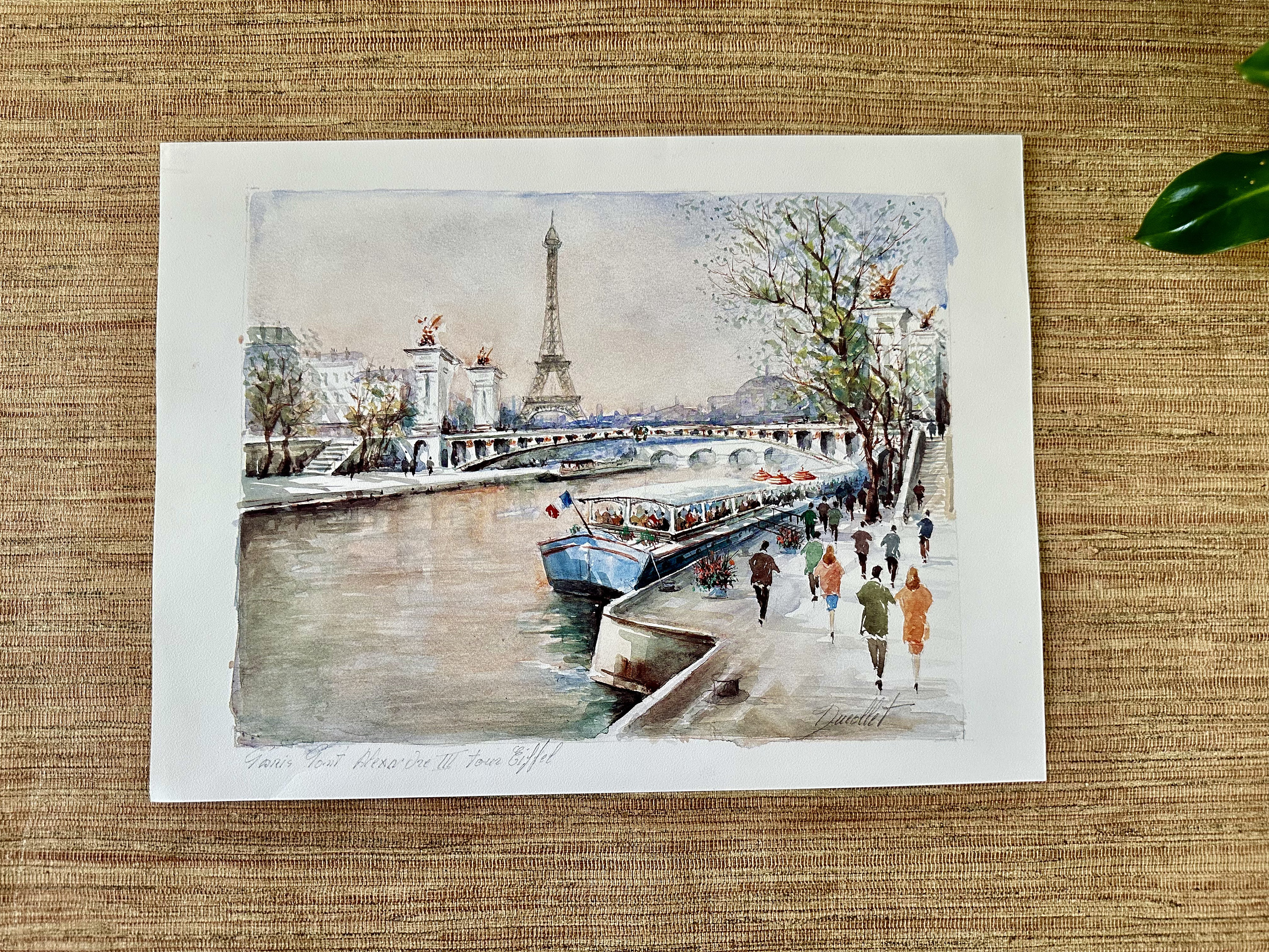 Vintage Claude Ducollet Signed Watercolor Art - Paris Pont