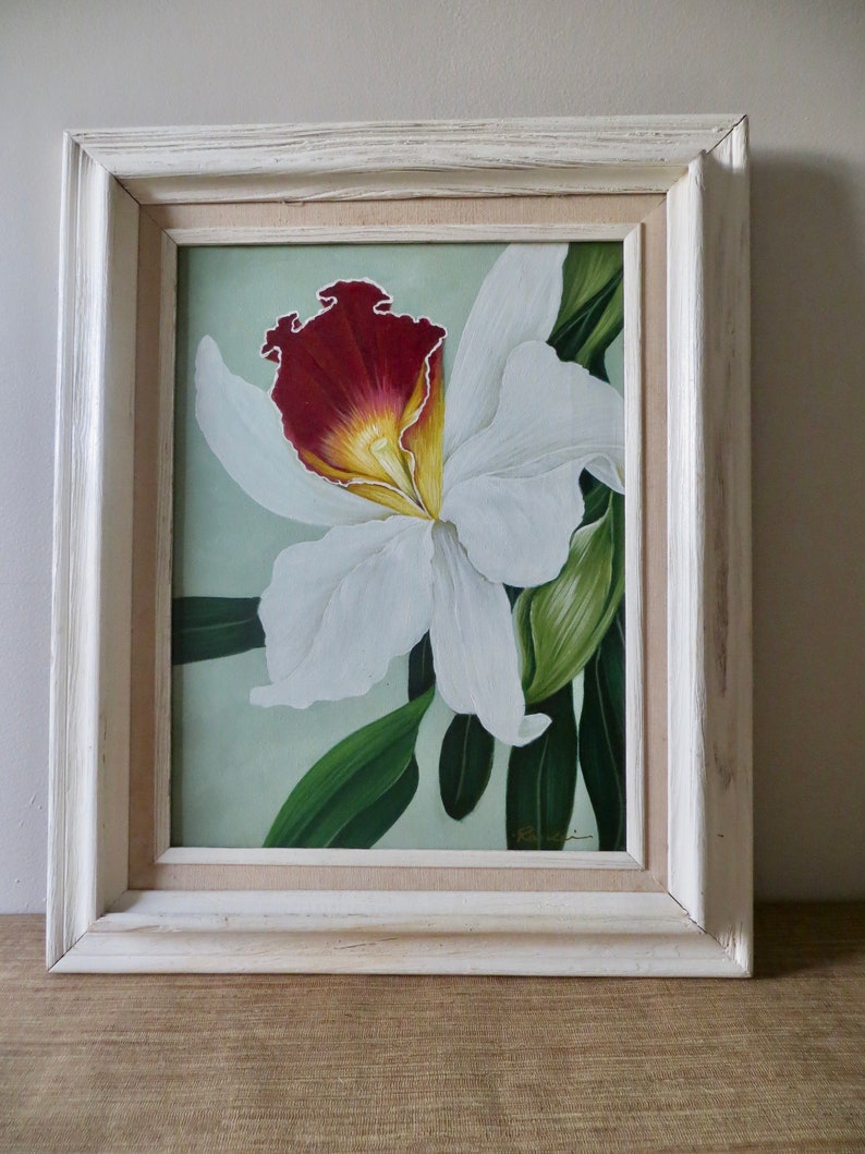 Vintage Art Framed Floral Art White Orchid Red Yellow Etsy