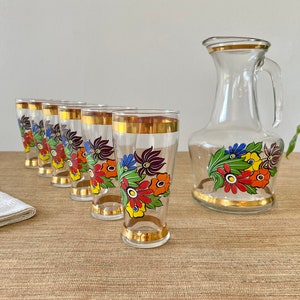 Vintage Floral Pitcher and Glass Set With Gold Trim 7 Piece Set image 1