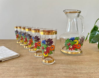 Vintage Floral Pitcher and Glass Set With Gold Trim (7 Piece Set)