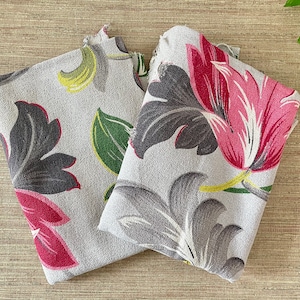 Vintage Barkcloth Fabric Remnants - Pink and Gray Botanical Leaf Print