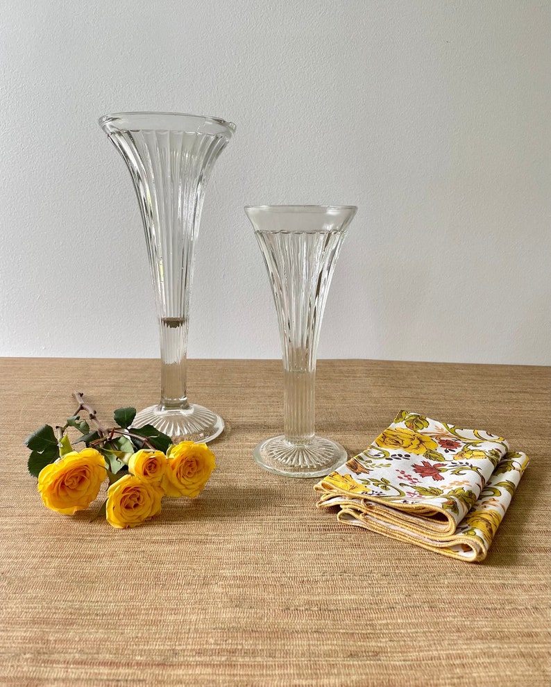 Vintage Tall Ribbed Fluted Glass Trumpet Vases Pressed Glass Etsy