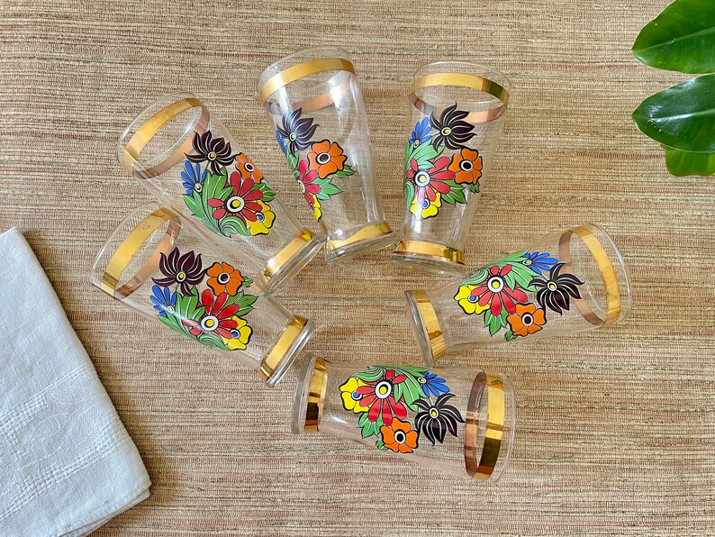 Vintage Floral Pitcher and Glass Set With Gold Trim 7 Piece Set image 5