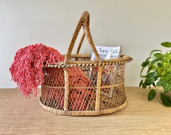 Vintage Large Wicker Oval Basket with Handles - Woven Rattan Storage