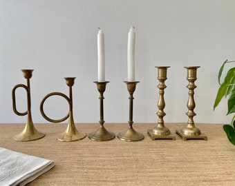 Vintage Brass Candle Holders - Set of 6 (3 Matching Pairs) - Silvestri Horn