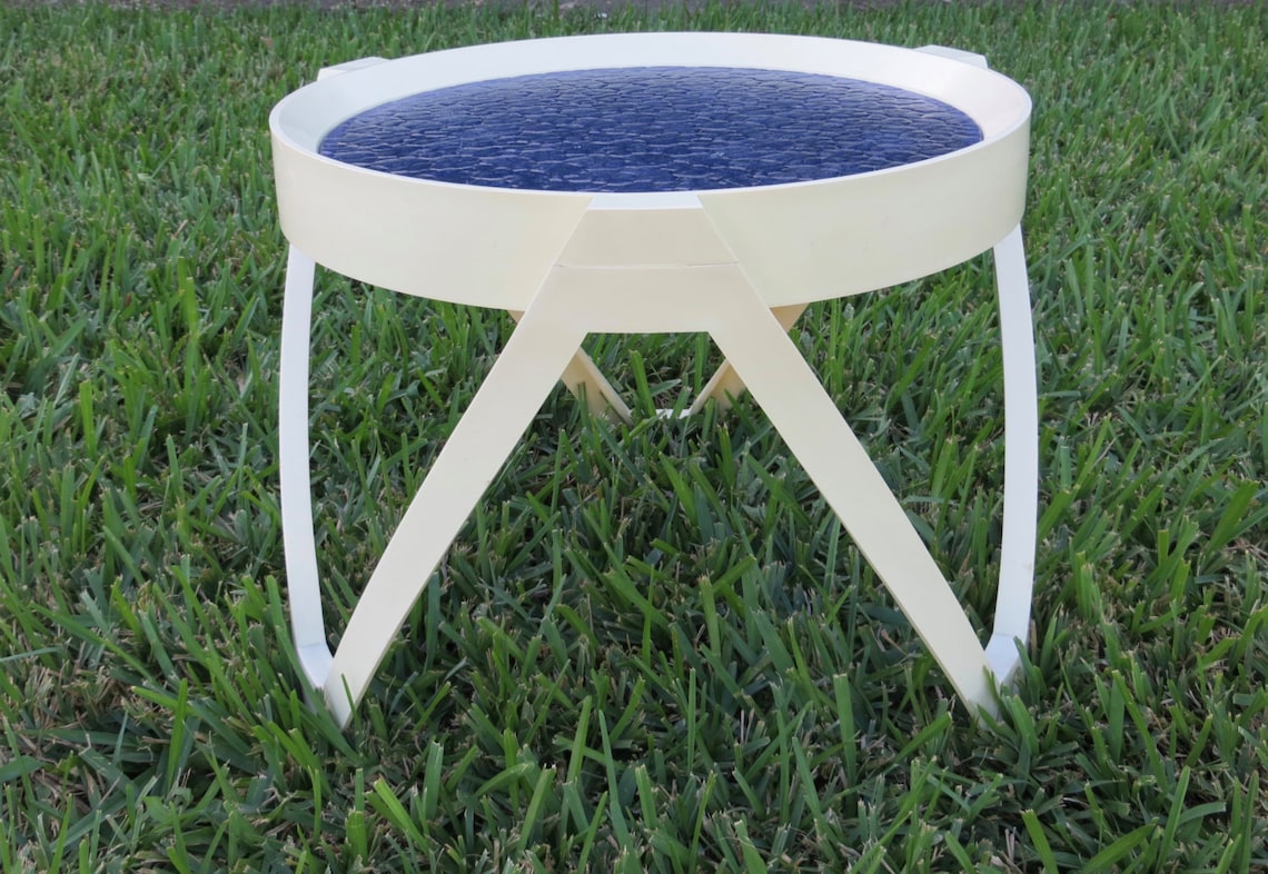 Retro Small Patio Side Table White Plastic with Royal Blue Etsy