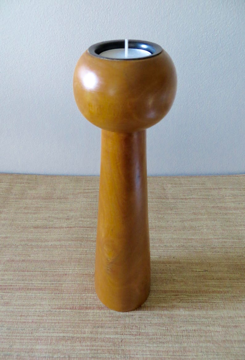 Vintage Teak Candle Holder Tall Tea Light Candlestick Holder