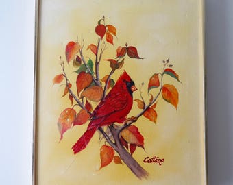 Vintage Red Cardinal Art on Canvas with Autumn Leaves in Yellow Background - Gold Tone Frame