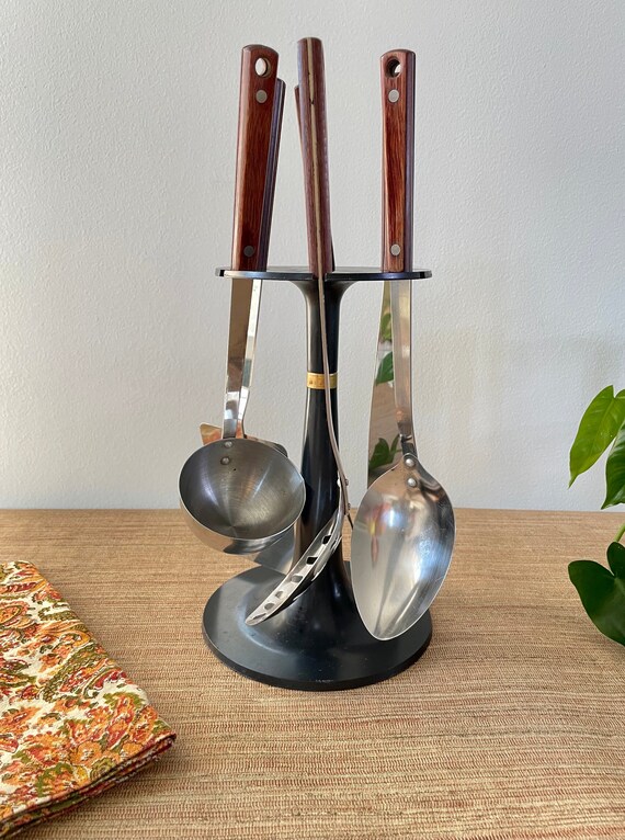 Vintage Kitchen Utensils Set With Black Stand Wood and Stainless Utensils  and Holder Japan 