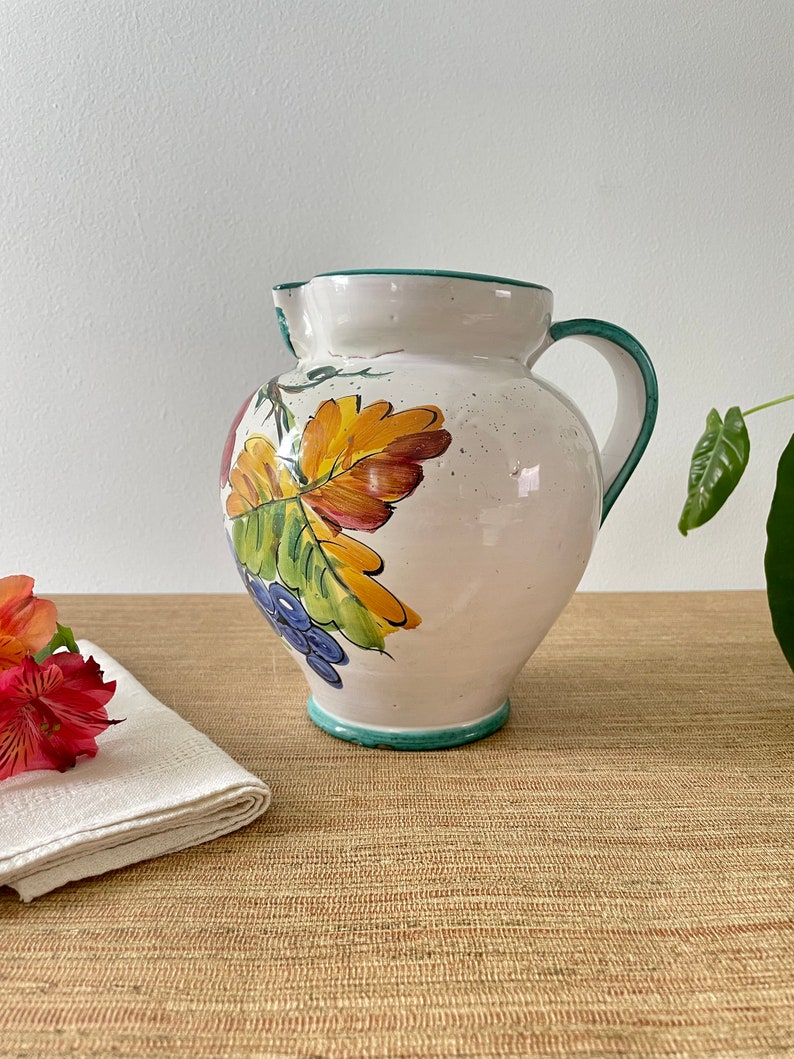 Vintage Italian Hand Painted Ceramic Pitcher Colorful Grapes and Leaves image 5