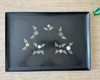 Vintage Couroc Black Serving Tray - Tree of Life With Inlaid Coins