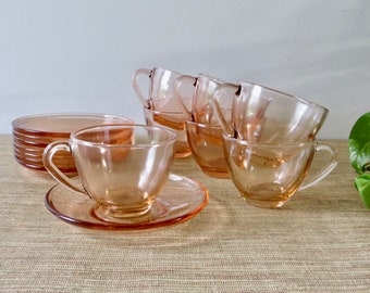 Vintage Pink Cups and Saucers - 9 Piece Set - Kedaung Glassware - Wedding/Bridal Shower Decor