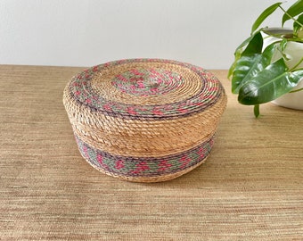 Vintage Small Striped Round Woven Basket with Lid - Hand Made Trinket Storage