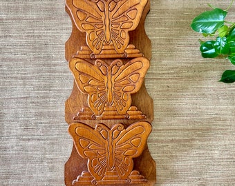 Vintage Wood Wall Mount Butterfly Letter and Key Holder - Three Tier Compartments