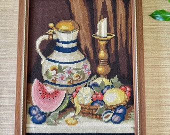 Vintage French Still Life Needlepoint - Watermelon Fruit Candle Pitcher