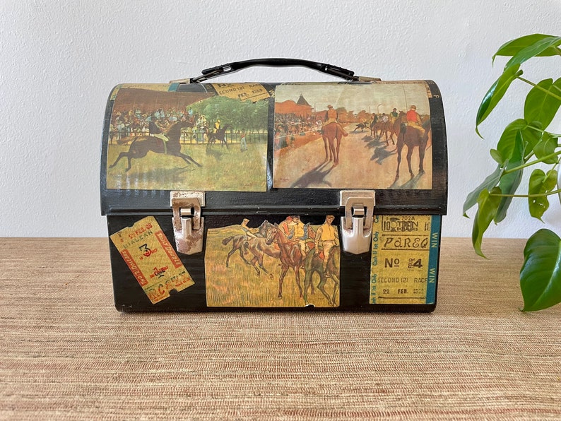 Vintage Decoupaged Thermos Lunchbox Equestrian Themed image 1