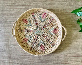 Vintage Round Woven Wall Basket with Handles - Pink Green Accents - Woven Tray