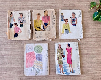 Vintage 1940s Original McCalls Ladies’ Sewing Patterns - 1117, 1233, 4785, 5916 & 6475 - Dresses and Blouses, Smocked - Sold Individually
