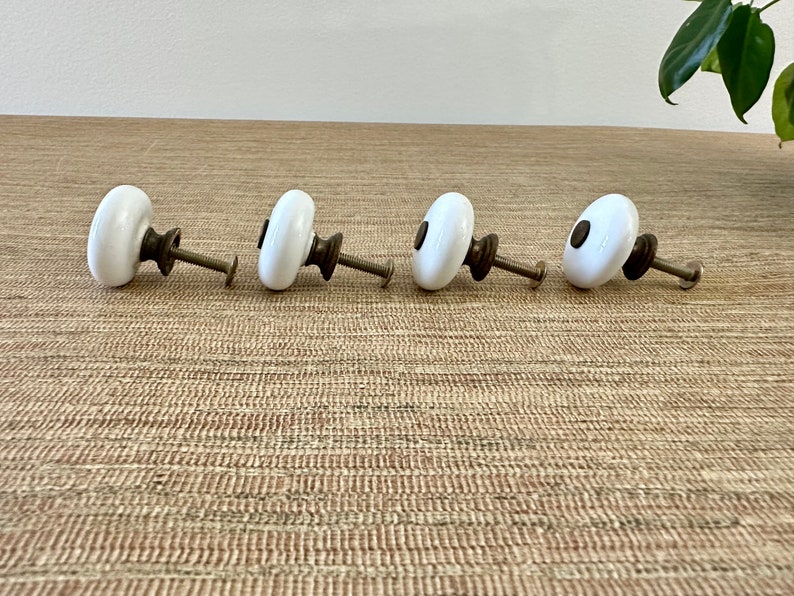Vintage White Round Ceramic Knobs with Brass Centers for Drawer or Cabinet Sold in Sets image 5