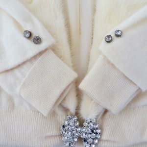 Vintage Cashmere Cardigan Mink Collar with Rhinestones Closure Rare Cream Color Full Fashioned 1950s Pringle of Scotland XS image 2