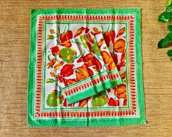 Vintage Napkins - Red Orange Peppers Florals Green Trim - Set of 5