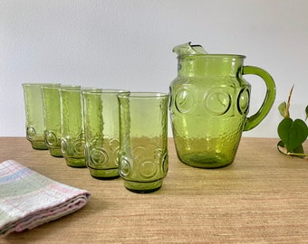 Vintage Anchor Hocking Heritage Hill Green Glass Bullseye Pitcher Set - 6 Piece