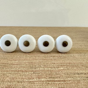 Vintage White Round Ceramic Knobs with Brass Centers for Drawer or Cabinet Sold in Sets image 4