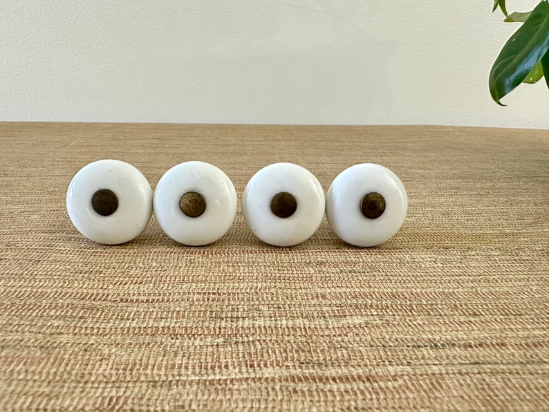 Vintage White Round Ceramic Knobs with Brass Centers for Drawer or Cabinet Sold in Sets image 4