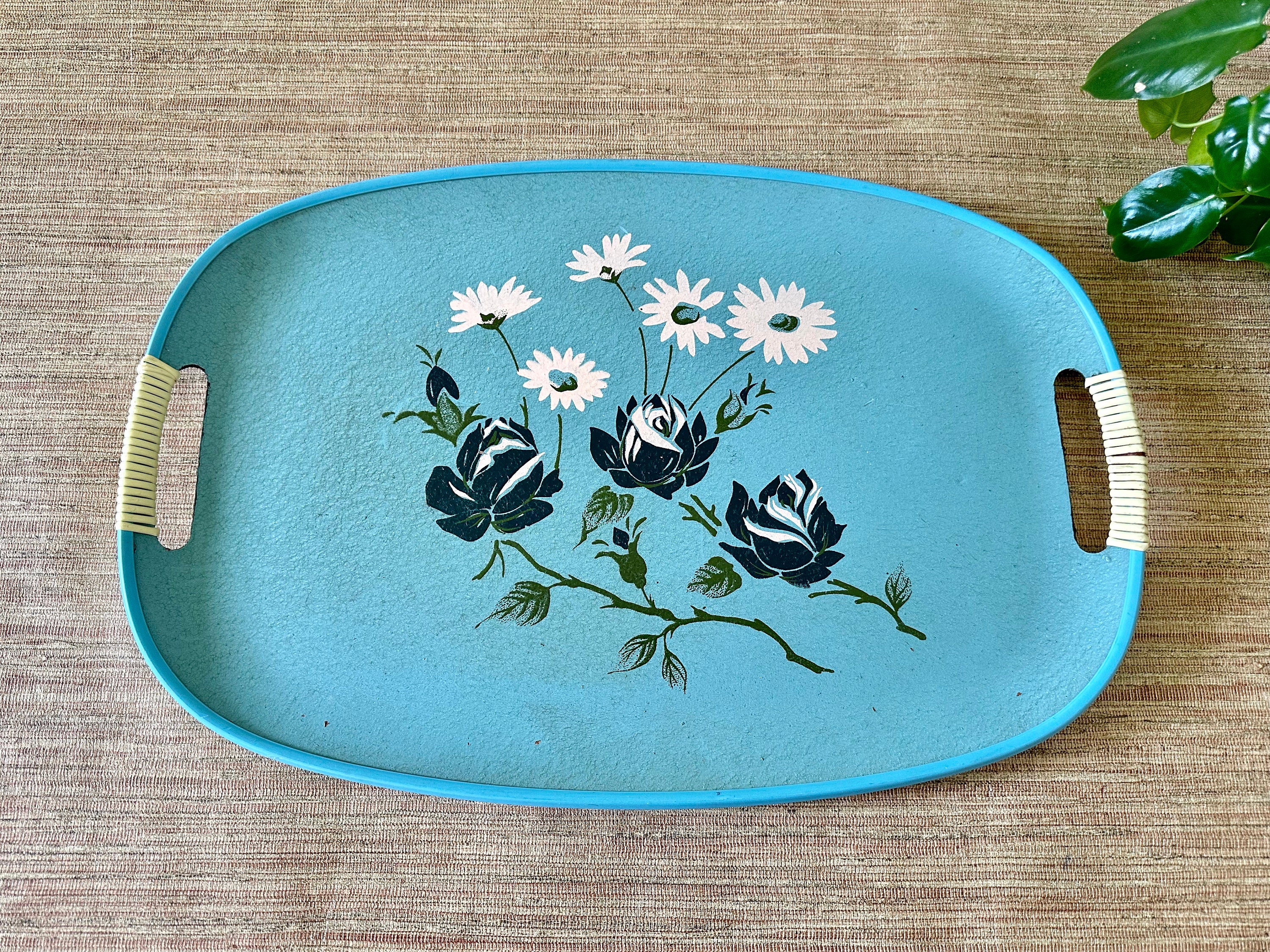 Vintage Blue Floral Oval Serving Tray With Handles - Yanmar Vintage Blue Floral Oval Serving Tray With Handles - Yanmar