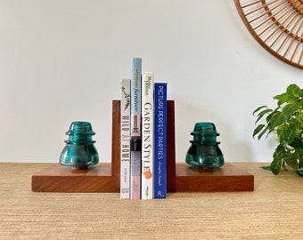 Vintage Wood Bookends With Blue Hemingray 42 Insulators