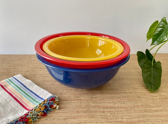 Vintage Pyrex Clear Bottom Redblue and Yellow Glass Mixing Bowl Set Nos.  325 and 323 