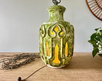 Vintage Moroccan Style Ceramic Swag Lamp - Green Drip Glaze Pierced Lighting