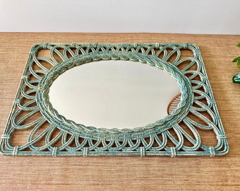 Vintage Green Speckled Faux Wicker Oval Mirror - Dart Industries