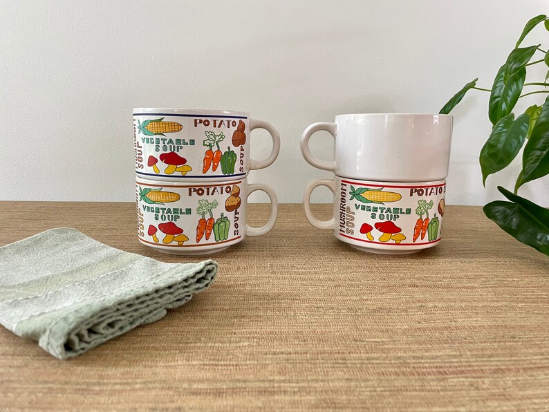 Vintage Soup Mugs Set of 4 Tomato Chicken Vegetable Mushroom Onion Pea Celery image 5