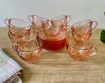 Vintage French Arcoroc Pink Swirl Glass Cups & Saucers - Rosaline