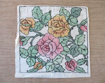 Vintage Floral Pillow Cover - Black Stitching - Yellow Pink Roses Green Leaves - Cream Background - Cottage Chic