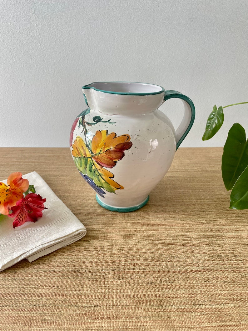 Vintage Italian Hand Painted Ceramic Pitcher Colorful Grapes and Leaves image 2