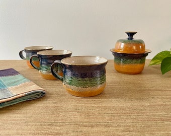 Vintage Set of Soup Mugs and Bowl with Lid of Signed Studio Art Pottery - Glazed Crackle Mosaic Style - Ombre Blue Green Gold