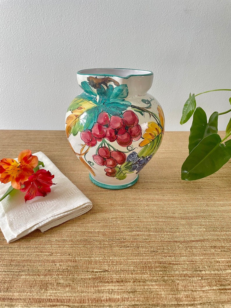 Vintage Italian Hand Painted Ceramic Pitcher Colorful Grapes and Leaves image 1