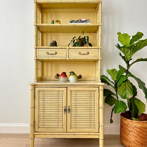 Vintage Henry Link Bali Hai Louvered Cabinet with Hutch Yellow Faux Bamboo Bookshelf image 1