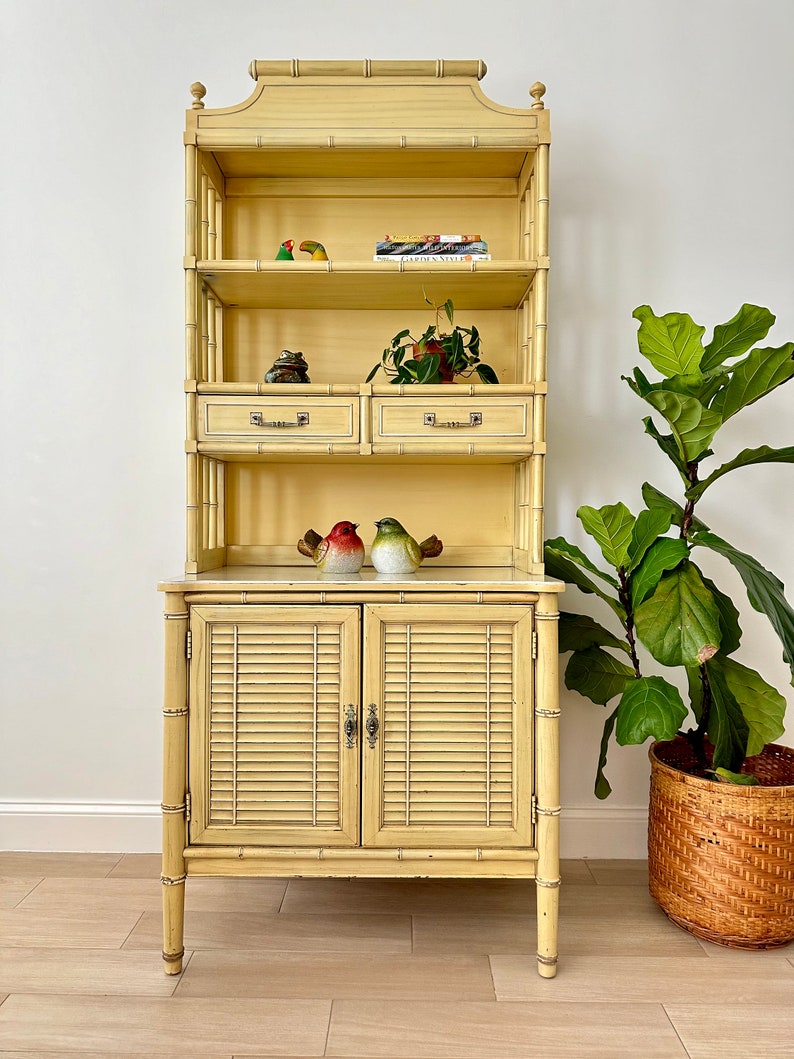 Vintage Henry Link Bali Hai Louvered Cabinet with Hutch Yellow Faux Bamboo Bookshelf image 1