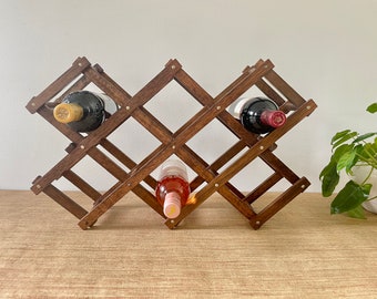Vintage Folding Wood Wine Rack - 10 Bottles - Retro Bar Decor